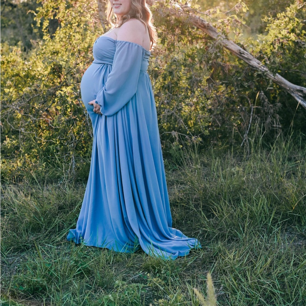 Elegant Blue Off-Shoulder Maternity Gown